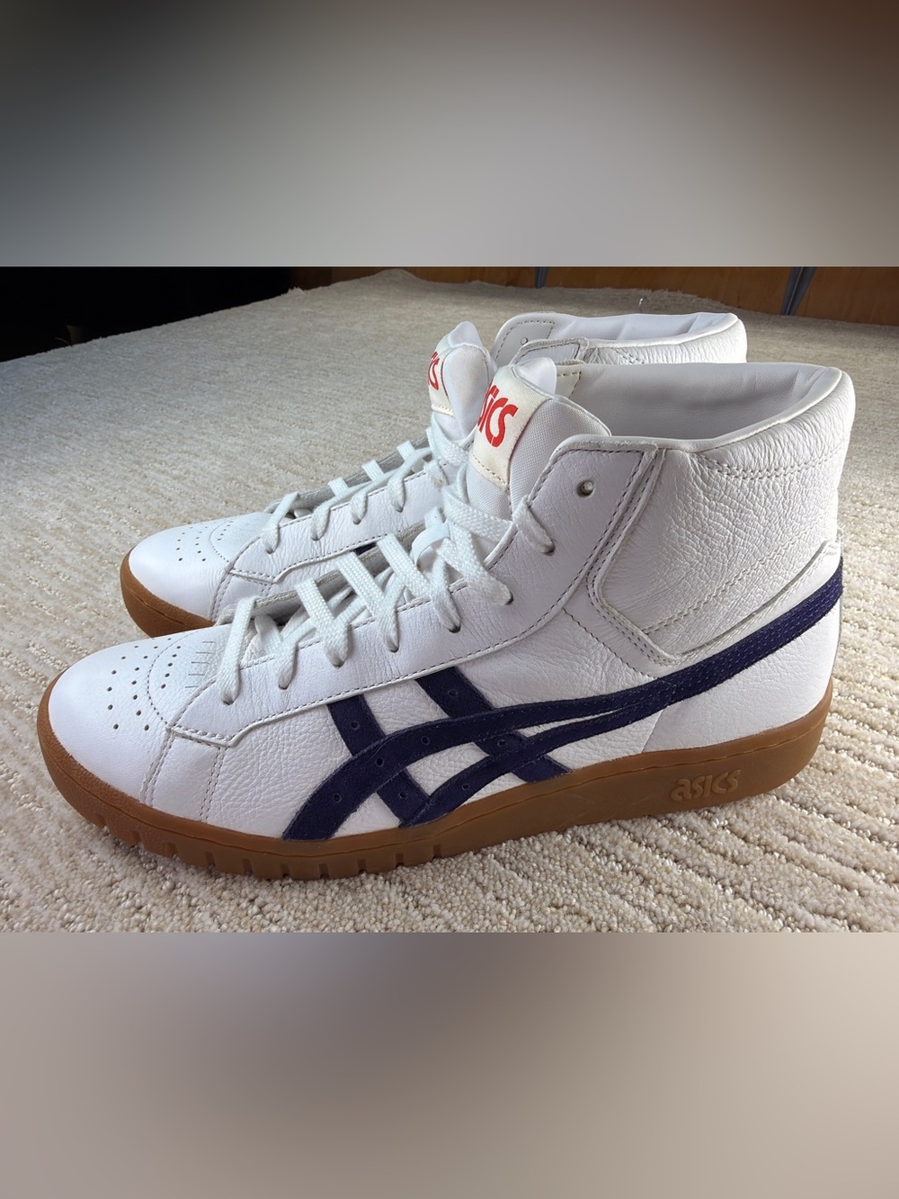 New ASICS Gel PTG Leather High Tops, White/Navy/Gum, Size 10.5
